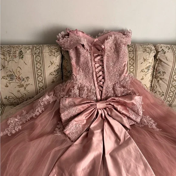 Amazon Dusty Rose Lace Tulle Ball Gown Dress with Bow - Picture 6 of 7